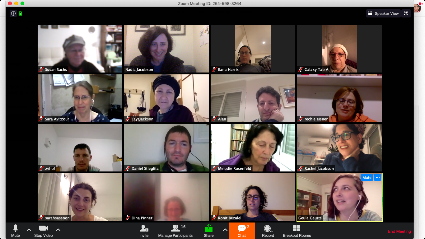 Fifteen participants on a Zoom virtual writing meeting together with Nadia Jacobson. Screen capture.